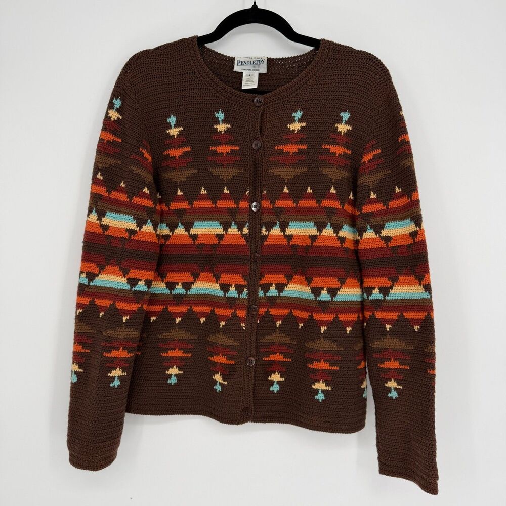 Vintage Pendleton Knit Cardigan Sweater Women's S Brown Aztec Southwestern Boho